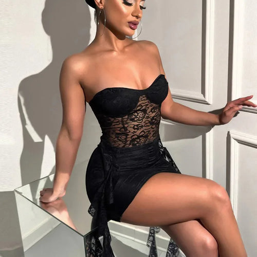 Load image into Gallery viewer, Lace Ruffle Sexy Mini Dress Women Summer New Off-shoulder Backless Sleeveless Draped Ruched  Beach Club Long Dress
