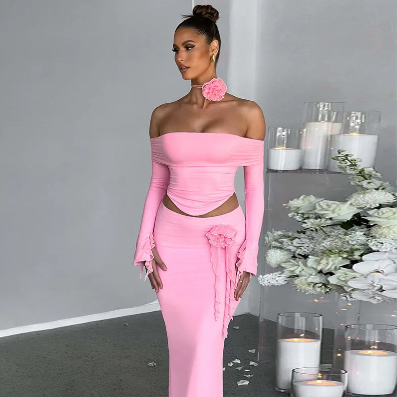 Elegant Halter 3D Flower Two Piece Sets Women Fashion Off-shoulder Tops And Maxi Skirt Matching Sets Bodycon Sexy Dress