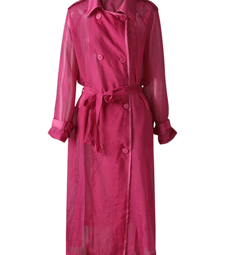 Women Rose Red Mesh Perspective Big Size Long Trench New Lapel Long Sleeve Windbreaker Fashion Spring Autumn 2025 5R4385