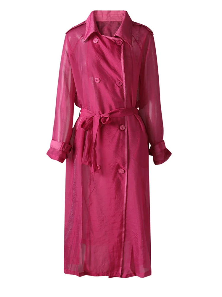 Women Rose Red Mesh Perspective Big Size Long Trench New Lapel Long Sleeve Windbreaker Fashion Spring Autumn 2025 5R4385