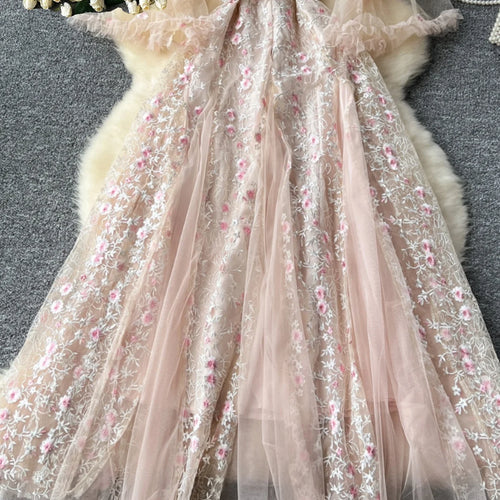 Load image into Gallery viewer, French Vintage Ladies Fashion Round Neck Pink Embroidery Floral Lace Long Dress Autumn Slim Evening Party Ruffles Princess Dress
