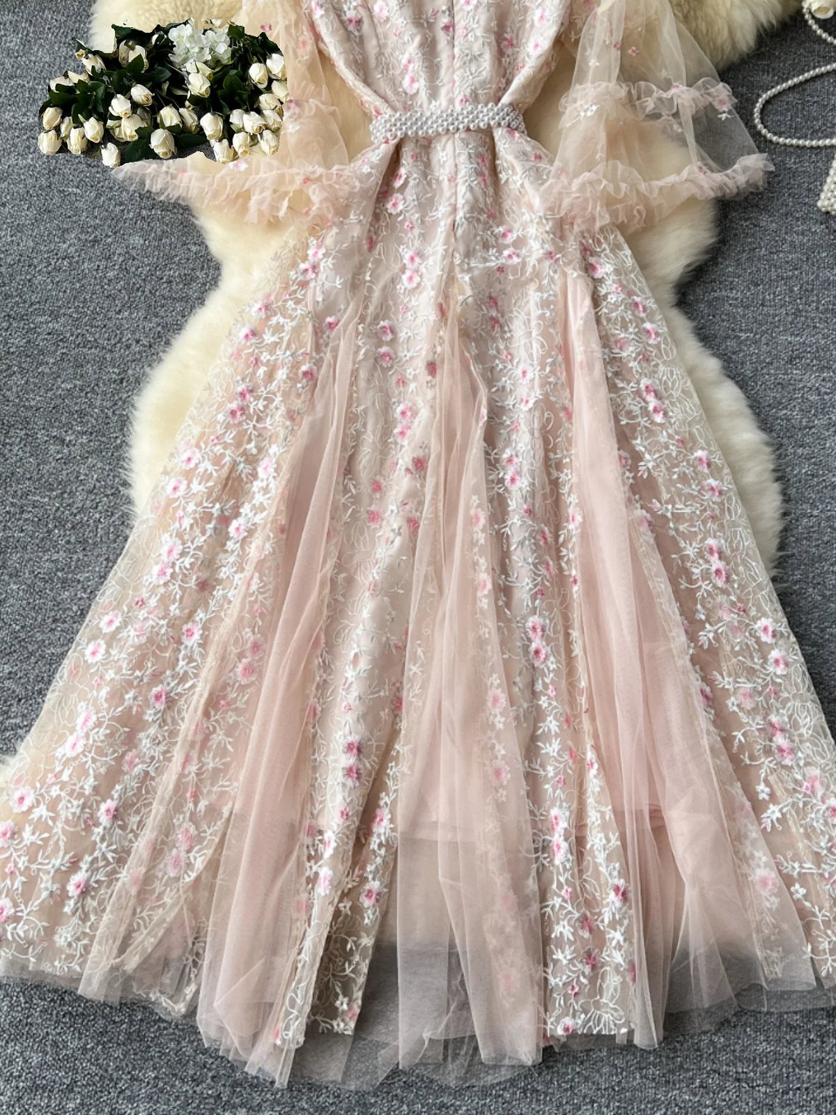 French Vintage Ladies Fashion Round Neck Pink Embroidery Floral Lace Long Dress Autumn Slim Evening Party Ruffles Princess Dress
