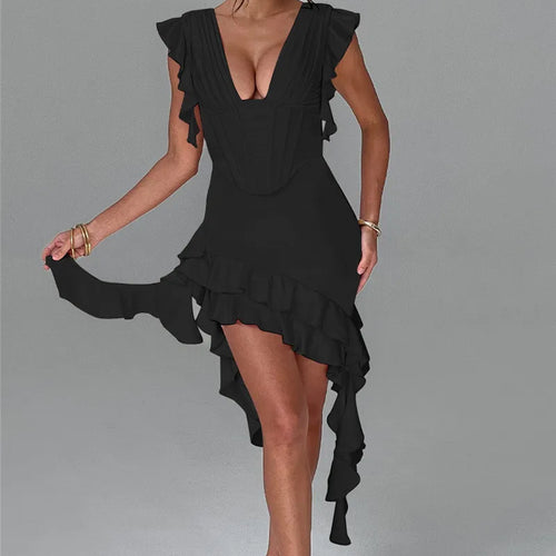 Load image into Gallery viewer, Deep V Neck Backless Draped Ruffle Mini Dress For Women Fashion Sleeveless Bodycon Club Party Sexy Dress Elegant
