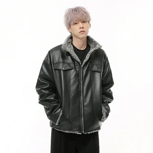Load image into Gallery viewer, High Street Men&#39;s PU Leather Jackets Casual Stand Collar Reversible Fleece Solid Color Loose Male Coats Streetwear 9C9339
