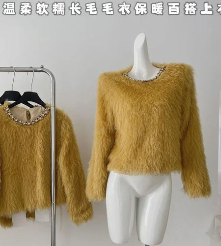 Autumn Winter Women's Yellow Diamond Round Neck Short Mink Sweater 2024 Korean New Elegant Vacation Warm Versatile Tops Casual