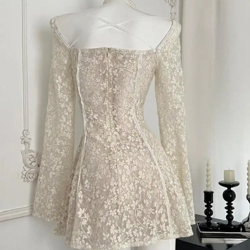 Load image into Gallery viewer, Vintage Women Beige Lace Elegant Backless Short Dress Autumn Square Neck Long Sleeves Birthday Evening Party Dress 2024 Holiday
