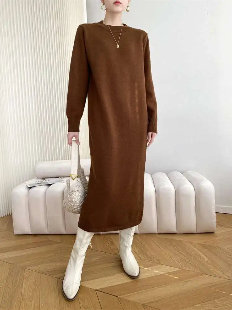 Women Rose Red Casual Midi Elegant Knitting Dress New Round Neck Long Sleeve Fashion Tide Spring Autumn 2025 1DH6450