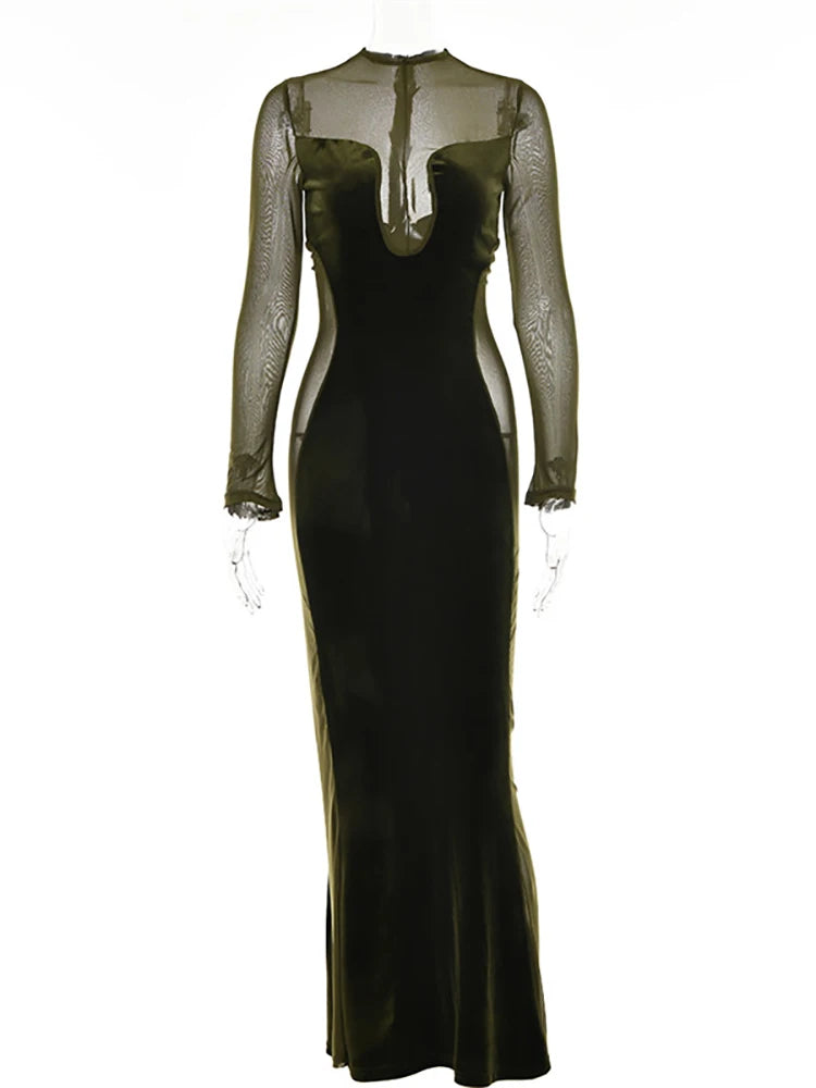 Patchwork Sexy See Through Mesh Women Dress Green Long Sleeve Evening Dress Female Autumn Skinny Elegant Party Clubwear