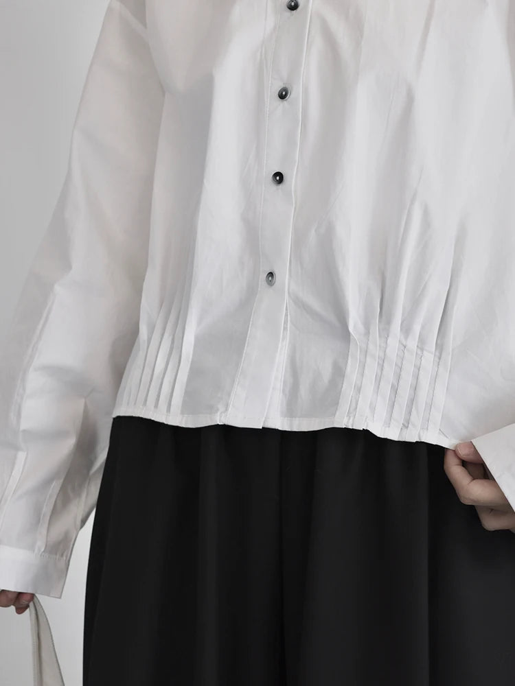 Women White Pleated Elegant Button Big Size Blouse New Lapel Long Sleeve Shirt Fashion Tide Spring Autumn 2025 1DJ0836