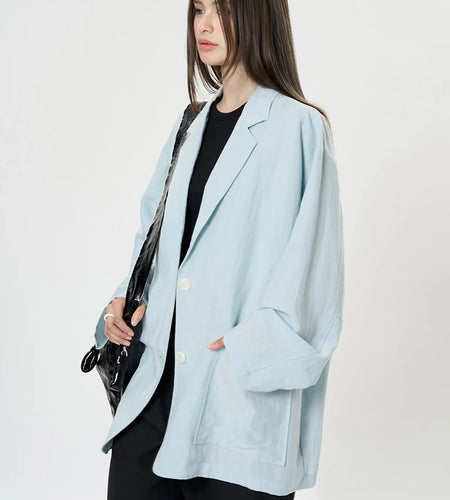 Women Blue Linen Pocket Big Size Elegant Blazer New Lapel Long Sleeve Jacket Fashion Tide Spring Autumn 2025 1DJ0372