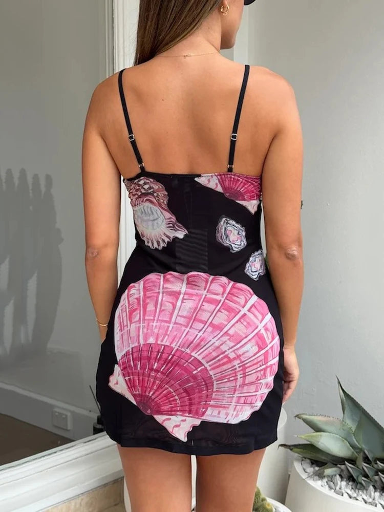 Spaghetti Strap Floral Print Mini Dress For Women Robe Summer New V Neck Sleeveless Backless Print Beach Holiday Dress