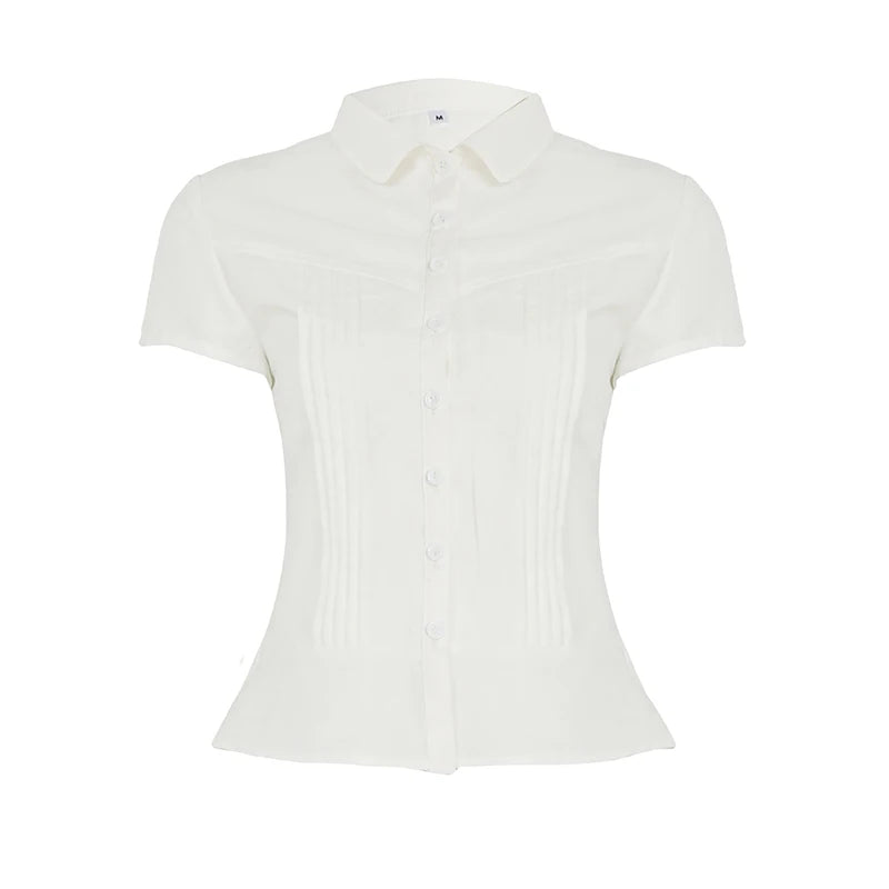 Solid Organ Pleated Summer Shirts Women Turn Down Collar A-Line Short Sleeve Blouse Y2K Aesthetic Girl Sweety Clothes