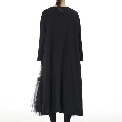 Load image into Gallery viewer, Women Black Mesh Spliced Big Size Midi Casual Dress New Round Neck Long Sleeve Fashion Tide Spring Autumn 2025 1DH8296
