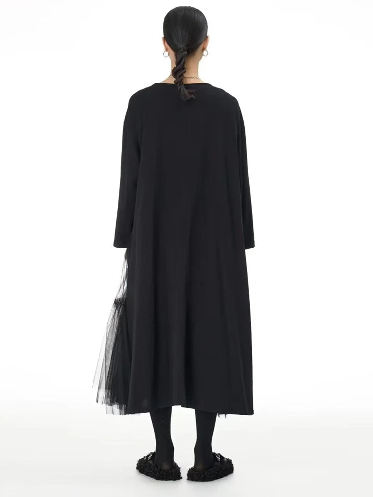 Women Black Mesh Spliced Big Size Midi Casual Dress New Round Neck Long Sleeve Fashion Tide Spring Autumn 2025 1DH8296