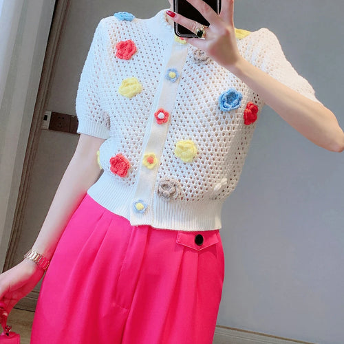 Load image into Gallery viewer, Women Fashion Ribbed Trims Floral Knitted Sweater Vintage Short Sleeve Button-up Female Cardigan Chic Tops  C-004
