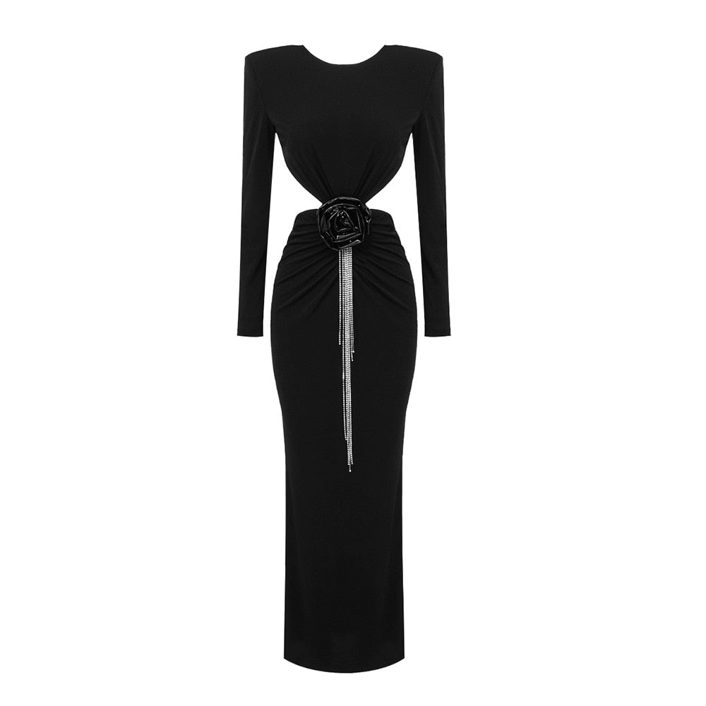 Solid Spliced Floral Elegant Dresses For Women Round Neck Long Sleeve High Waist Backless Dress Female Fashion