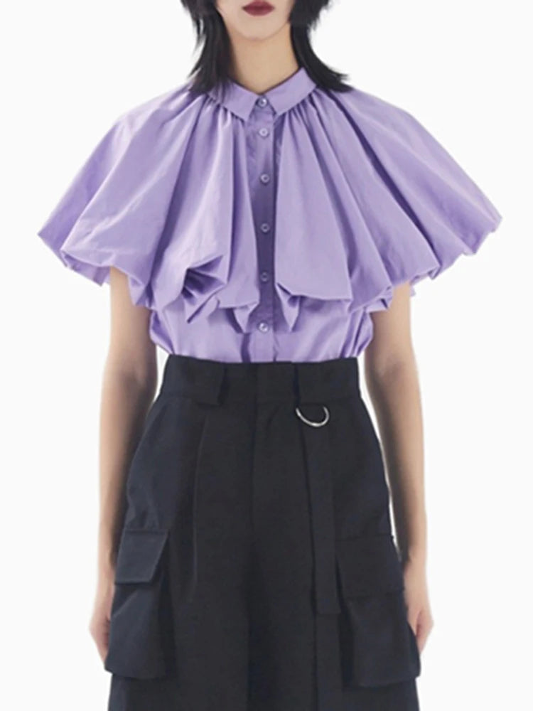 Purple Sweet Shirt For Female Lapel Short Sleeve Patchwork Ruffle Single Breasted Women's Elegant Blouses Korean Fashion