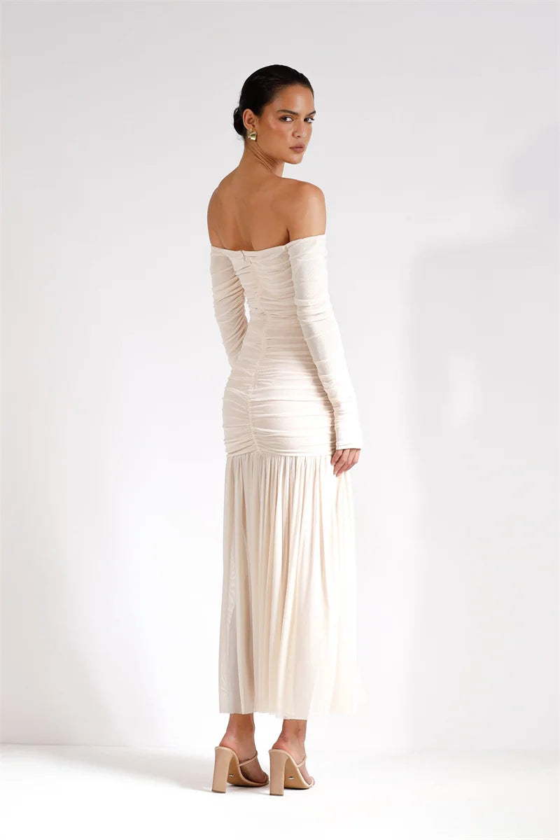 Off-shoulder Strapless Sexy Maxi Dress Women Summer New Patchwork Backless Long Sleeve Pleated Long Dress Elegant