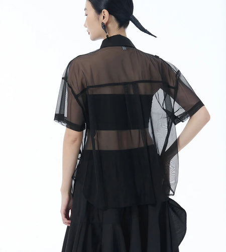 Women Black Mesh Ribbon Perspective Big Size Blouse New Lapel Short Sleeve Shirt Fashion Tide Spring Summer 2025 1DJ1631