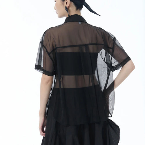 Load image into Gallery viewer, Women Black Mesh Ribbon Perspective Big Size Blouse New Lapel Short Sleeve Shirt Fashion Tide Spring Summer 2025 1DJ1631
