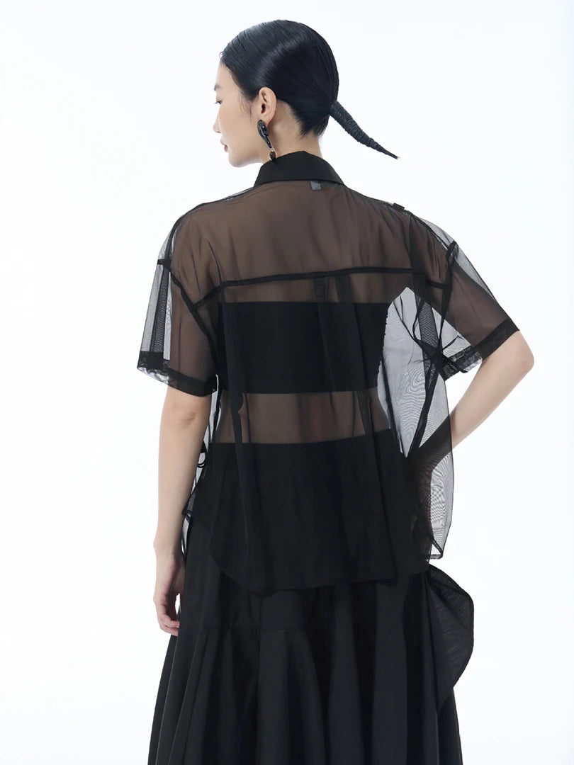 Women Black Mesh Ribbon Perspective Big Size Blouse New Lapel Short Sleeve Shirt Fashion Tide Spring Summer 2025 1DJ1631