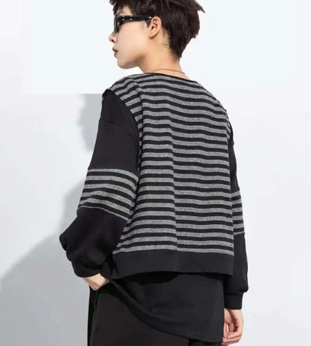 Black Striped Color-block Sweatshirt New Round Neck Long Sleeve Women Big Size Fashion Tide Spring Autumn 2025 1DH7485