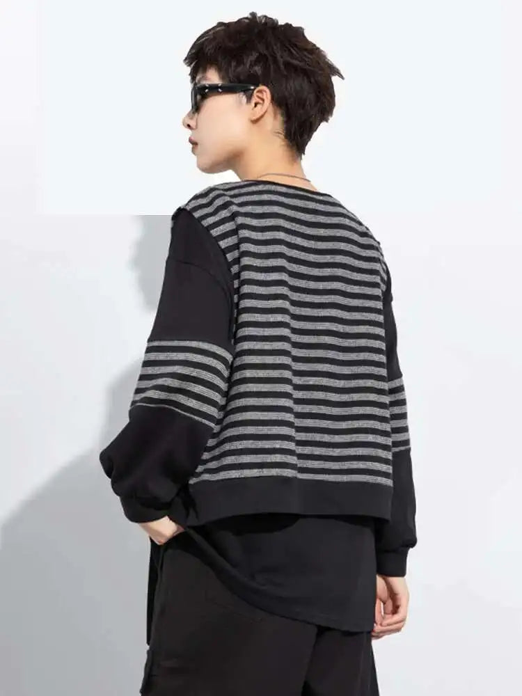 Black Striped Color-block Sweatshirt New Round Neck Long Sleeve Women Big Size Fashion Tide Spring Autumn 2025 1DH7485