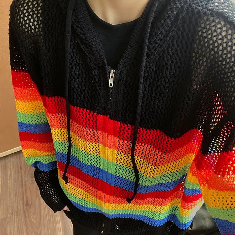 Vintage Striped Cardigan Hollow Out Y2k Aesthetic Hooded Drawstring Sweater Coat Harajuku Zipper Kardigany Jumper Pull Femme