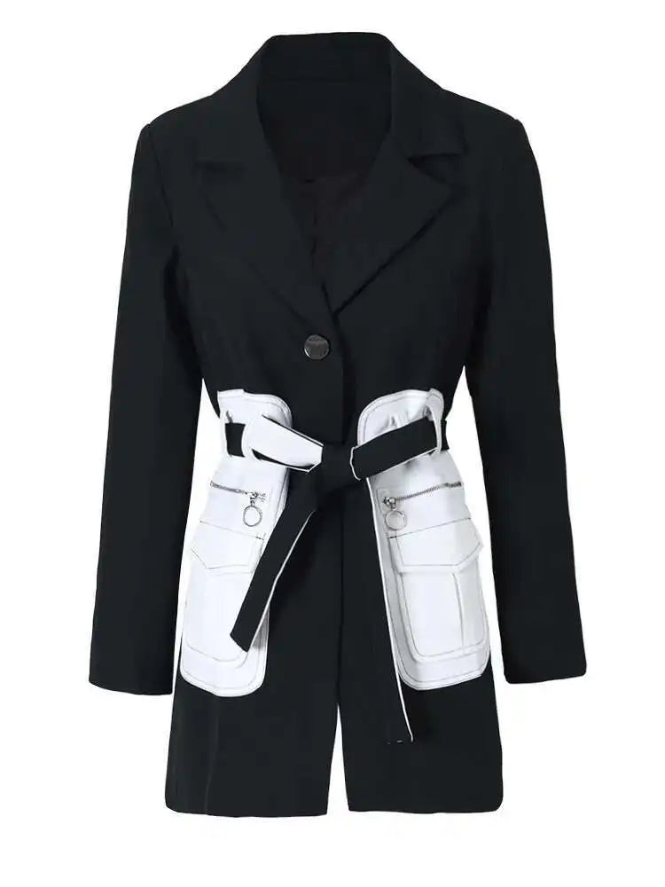 Women Black Contrast Color Pocket Blazer New Lapel Long Sleeve Loose Fit  Jacket Fashion Tide Spring Autumn 2025 1S39401