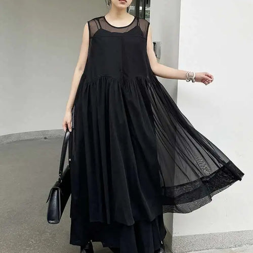 Load image into Gallery viewer, Women Black Mesh Perspective Pleated Big Size Elegant Dress New Round Neck Sleeveless Fashion Spring Summer 2025  1DH5841
