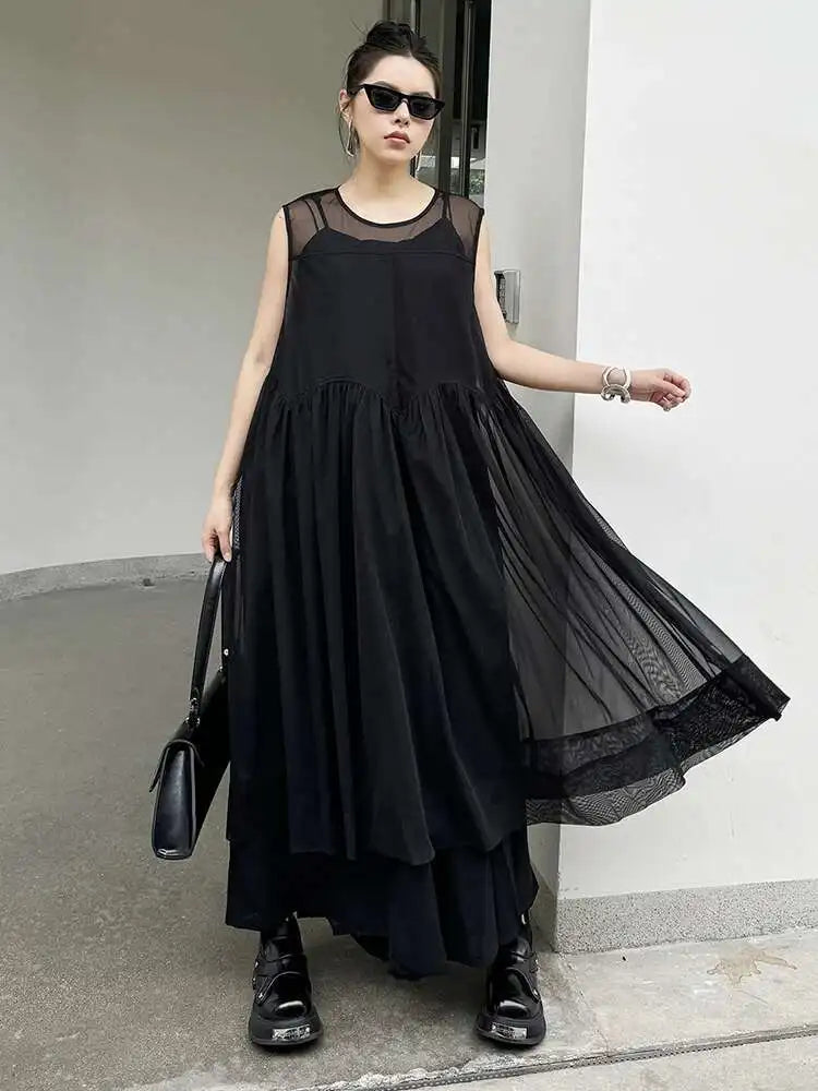 Women Black Mesh Perspective Pleated Big Size Elegant Dress New Round Neck Sleeveless Fashion Spring Summer 2025  1DH5841