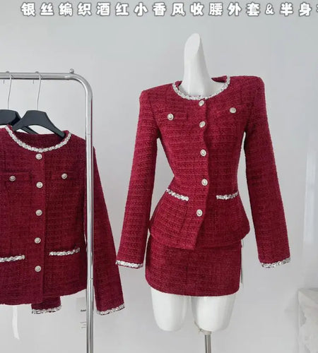 New Vintage 2024 Women Autumn Winter Red Round Neck Single Breasted Cardigan Coat And High Waist Short Skirt Two Piece Set Trend