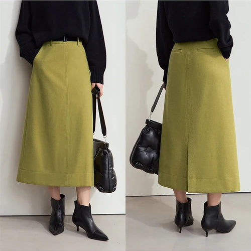 Load image into Gallery viewer, Minimalism Women's Elegant Commuter Skirts with Velvet Belt 2024 Winter Twill Fabric Warm Slit Straight Midi Skirt 12444183
