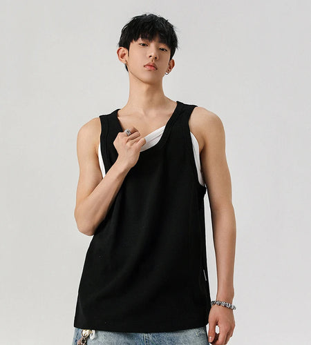 Men's Vest Fake Two Pieces Sleeveless T-shirt Solid Color Pullover T-shirts Casual Men Top Summer Trend 2025 9W1298