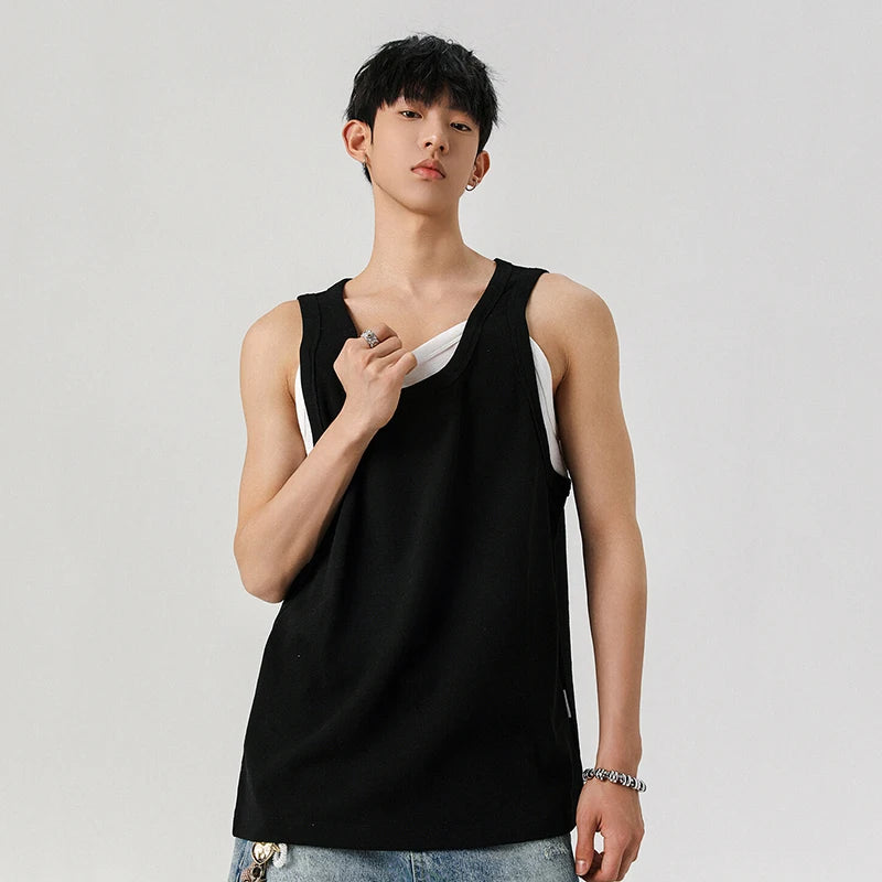 Men's Vest Fake Two Pieces Sleeveless T-shirt Solid Color Pullover T-shirts Casual Men Top Summer Trend 2025 9W1298