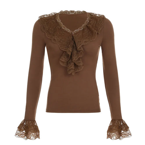 Load image into Gallery viewer, y2k Fairy Grunge Top Women Sexy Solid Color Lace Trim V Neck Long Sleeve T Shirt 2000s Aesthetic Clothing Streetwear
