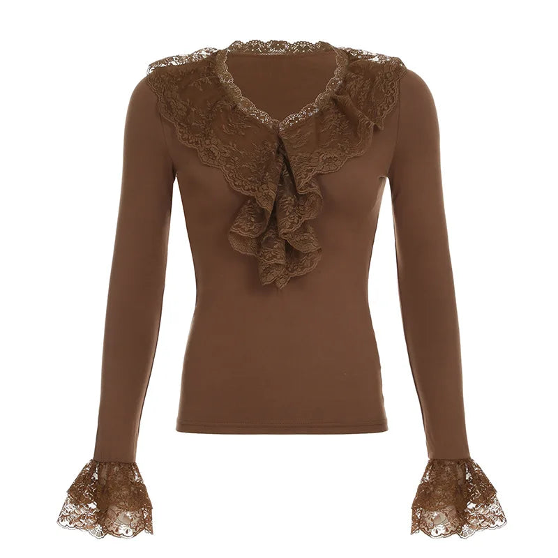 y2k Fairy Grunge Top Women Sexy Solid Color Lace Trim V Neck Long Sleeve T Shirt 2000s Aesthetic Clothing Streetwear