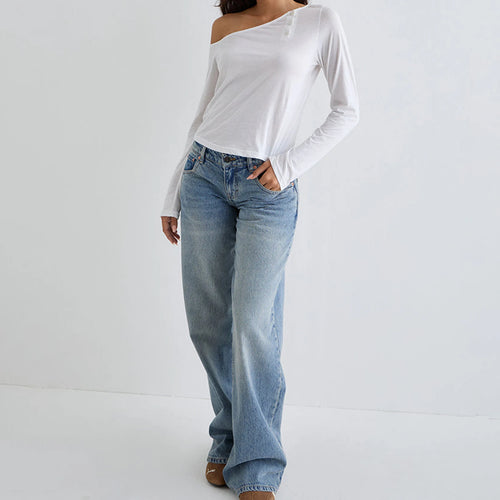 Load image into Gallery viewer, Slash Neck Crop Top y2k Women Clothes Off One Shoulder Long Sleeve Loose Fit T Shirt Spring Fall Clothing Streetwear
