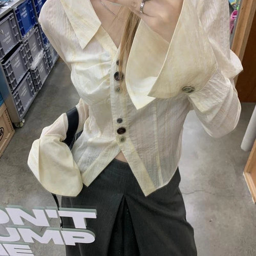 Load image into Gallery viewer, Y2k Aesthetic Pleated Flare Sleeve Women Blouse Sexy Single Breasted Slim Grunge Solid Shirt Harajuku Crop Streetwear Blusas
