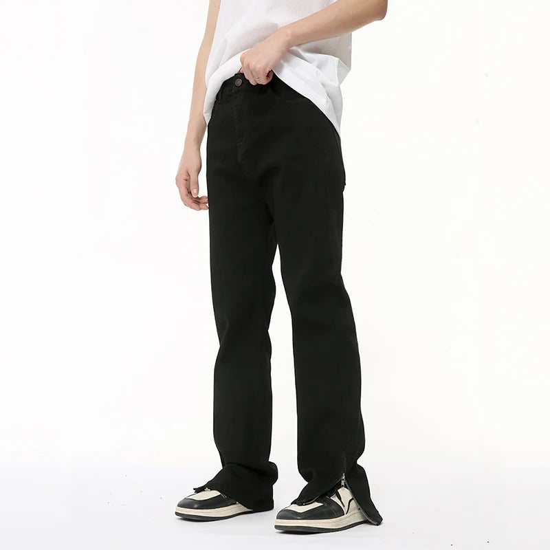 Summer Male Denim Loose Pants Slit Slim Trousers Straight Wid Leg Casual Jeans Solid Color High Street 9C6383