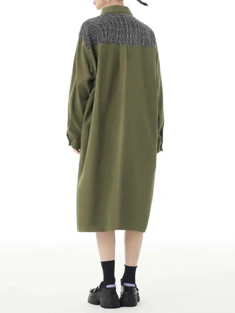 Women Black Color-block Big Size Midi Shirt Dress New Lapel Long Sleeve Loose Fit Fashion Tide Spring Autumn 2025 1DH2095