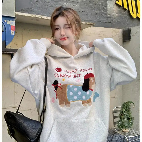 Load image into Gallery viewer, Autumn Winter New Grey Letter Puppy Embroidery Velvet Sweatshirt Thick Korean Women Loose Long Sleeved Vacation Hoodie Tops Chic
