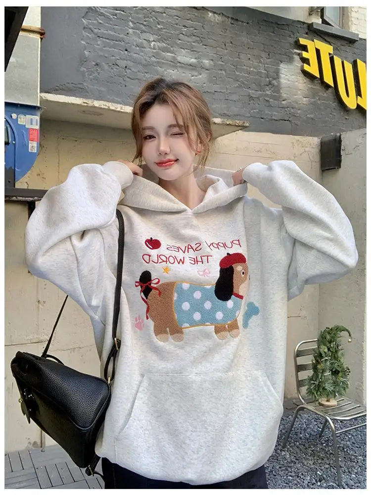 Autumn Winter New Grey Letter Puppy Embroidery Velvet Sweatshirt Thick Korean Women Loose Long Sleeved Vacation Hoodie Tops Chic