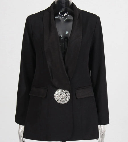 Solid Patchwork Sequines Slimming Blazer For Women Shawl Collar Long Sleeve Spliced Pockets Elegant Coat Female New