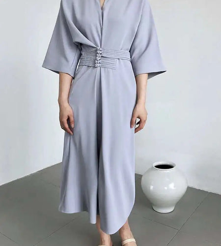 Women Black Buckle Long Elegant Dress New Round Neck Three-quarter Sleeve Loose Fit Fashion Spring Autumn 2025 1DE7880