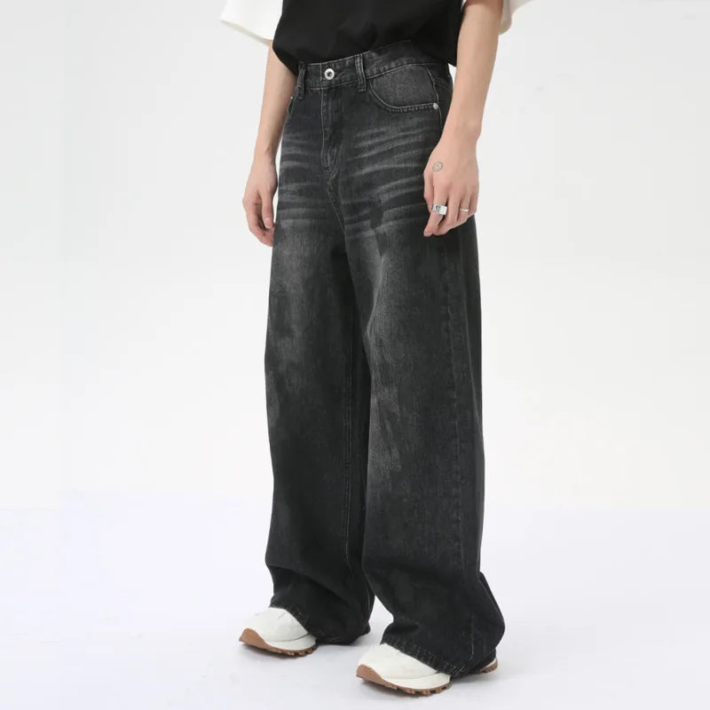 American Style Casual Men's Jeans Dirty Design Straight Wide Leg Denim Pants Loose Male Trousers Chic Summer 2024 C6284