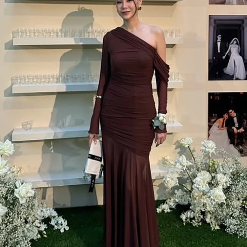 Load image into Gallery viewer, Oblique Shoulder Long Sleeve Sexy Maxi Dress For Women Fashion Mesh Backless Bodycon Ruched Club Evening Long Dress
