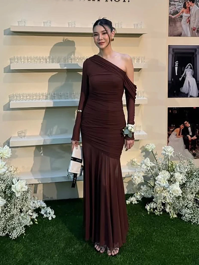 Oblique Shoulder Long Sleeve Sexy Maxi Dress For Women Fashion Mesh Backless Bodycon Ruched Club Evening Long Dress