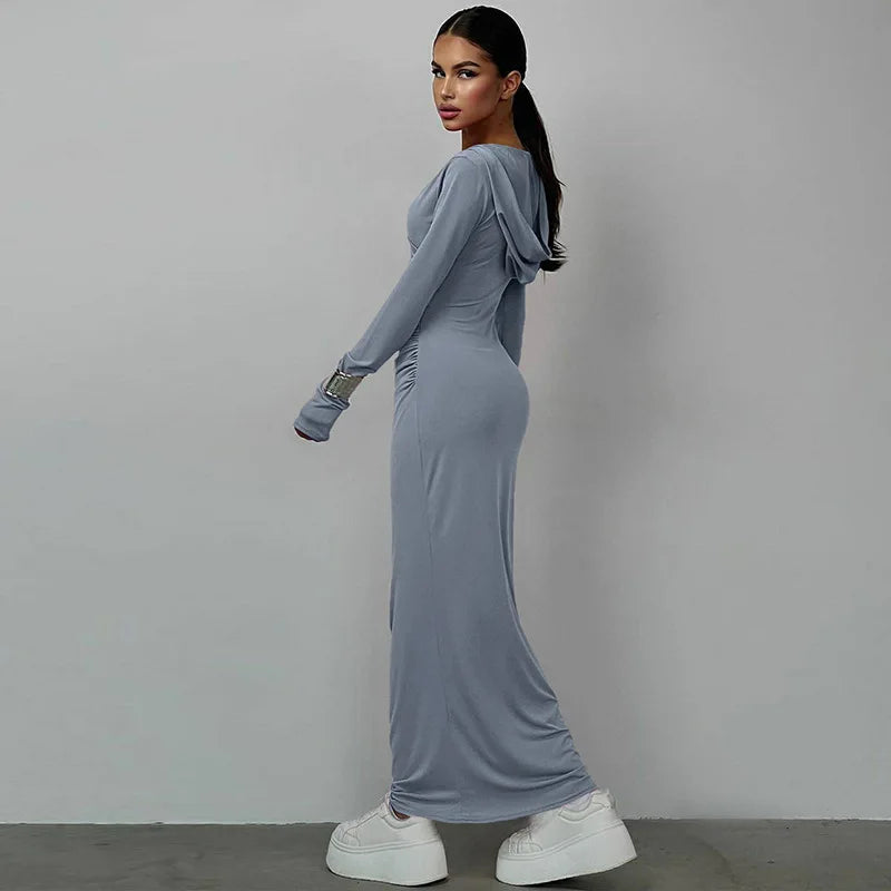 Elegant V Neck Hooded Maxi Dress For Women Autumn Winter New Long Sleeve Bodycon Ruched Fashion Long Dress New
