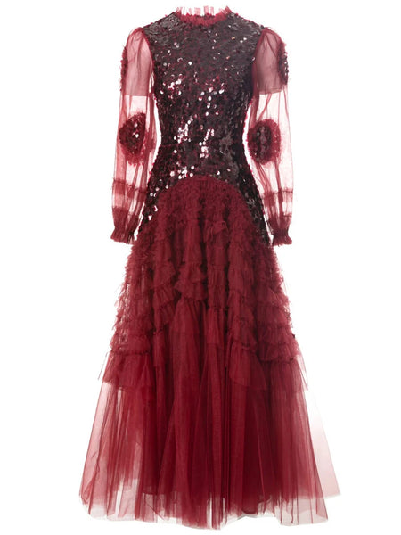 Solid Spliced Sequines Slimming Dresses For Women O Neck Long Sleeve High Waist Temperament Dress Female Fashion